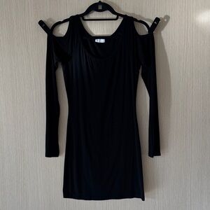 Chic Black Cold Shoulder Long Sleeve Stretch Jersey Dress